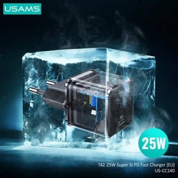 USAMS Wandladegerät 1x USB-C T42 mini 25W (nur Kopf) Super SI 5V-3A PD3.0 Fast Charging schwarz/schwarz CC140TC01 (US-CC140)