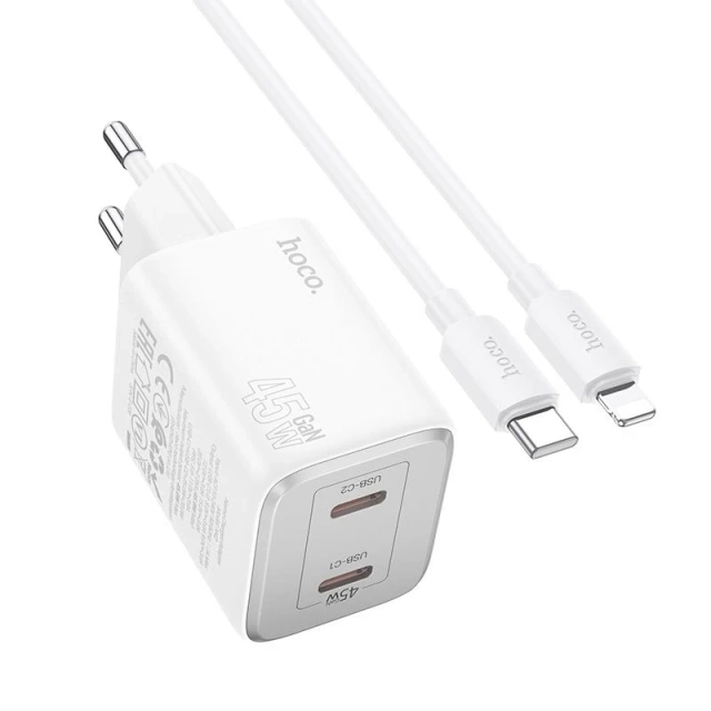 HOCO Wall Charger 2 x Type C Cable Type C to Lightning PD QC 45W GaN White