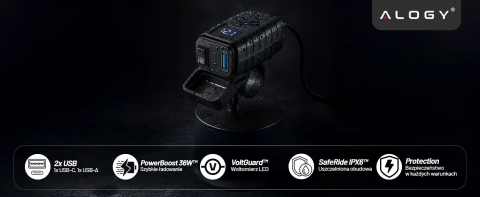 Alogy MotoCharge Pro™ Motorradladegerät mit Display, 36 W PD QC 3.0 Schnellladung, USB-A- und USB-C-Anschlüsse, wasserdicht und robust, Schwarz