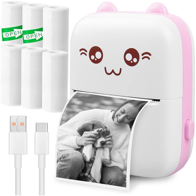 Drukuś Thermodrucker mit 6 Rollen Thermopapier für Kinder, rosa
