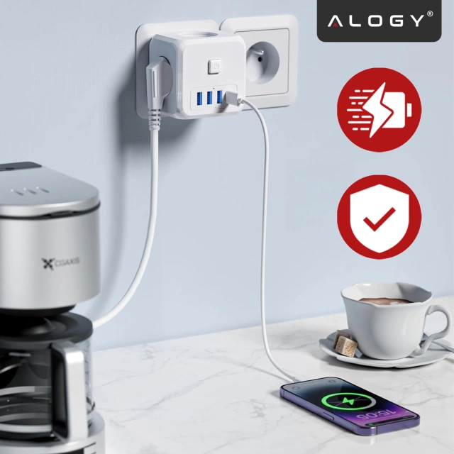 Мережевий розгалужувач розгалужувач Charger adapter thief 3 розетки EU 3x USB USB-C C 7in1 Alogy White