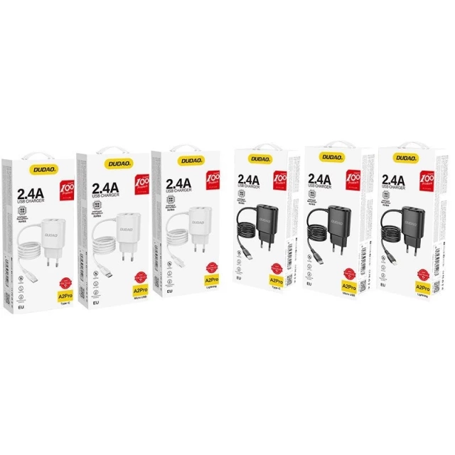 Dudao 2x USB nástenná nabíjačka so vstavaným 12W Lightning káblom čierna (A2ProL čierna)