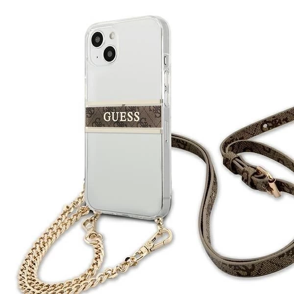 Guess GUHCP13SKC4GBGO iPhone 13 mini 5,4" Прозорий твердий чохол 4G Коричневий ремінець Золотий ланцюжок
