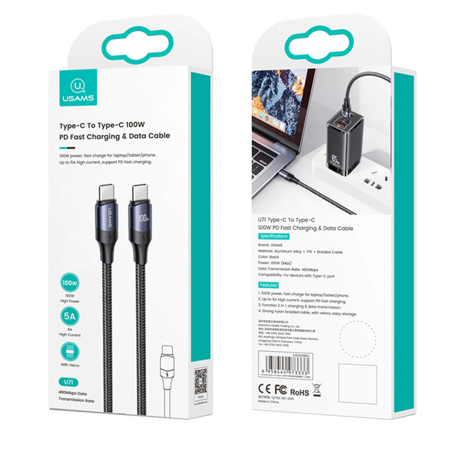 Cable USAMS USB-C to USB-C 100W PD Fast Charge QC FCP 3m Black
