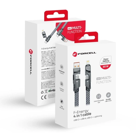 Кабель 4w1 Forcell USB-C USB-A Lightning 60W QC4.0 PD для ноутбука, нейлоновий, 1 м