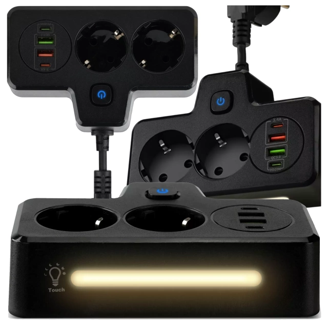 Rozgałęźnik gniazdka Alogy Plug Extender rozdzielacz adapter przedłużacz 2x wtyczka EU + 2x USB + 2x USB-C Czarny