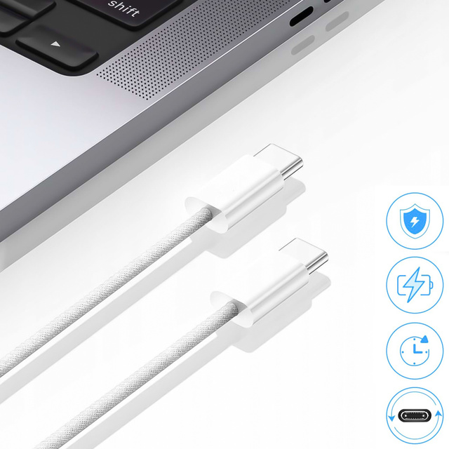 Kábel USB-C typu C Silný rýchly 60 W PD 1M pre iPhone 15 Alogy nylonový kábel biely