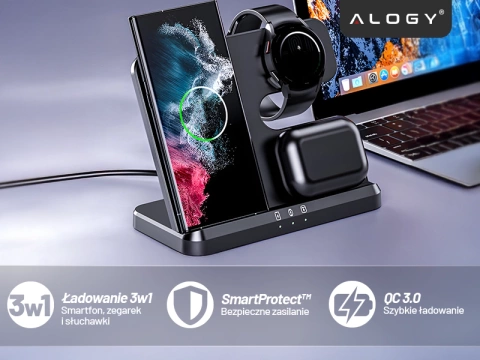 Kabelloses induktives Ladegerät 3in1 Qi 3.0 Fast für Samsung S22 S23 S24 Galaxy Watch Buds Station schwarz