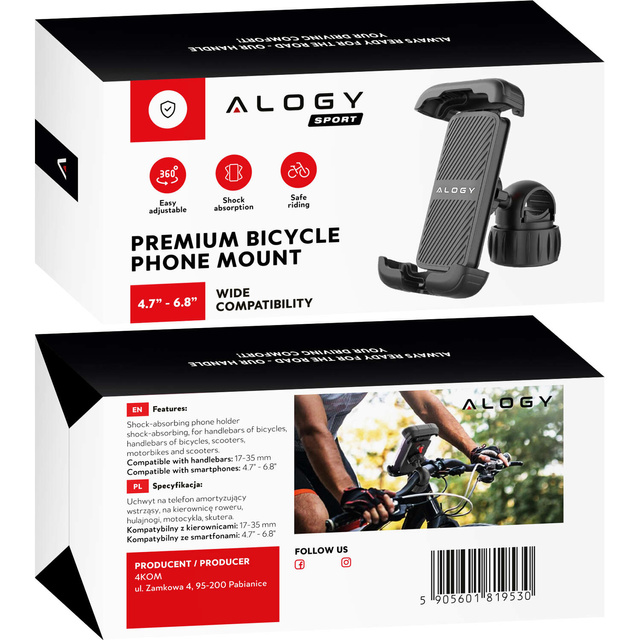 Držiak telefónu na bicykel 4,7-6,8" pre telefón Riadidlá na bicykel pre bicykel Motocykel Nastaviteľné Alogy Sport Black