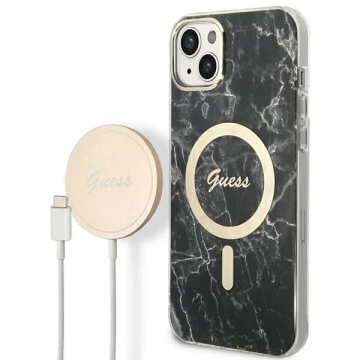 Zestaw Guess GUBPP14SHMEACSK Case Charger iPhone 14 6,1" czarny/black hard case Marble MagSafe