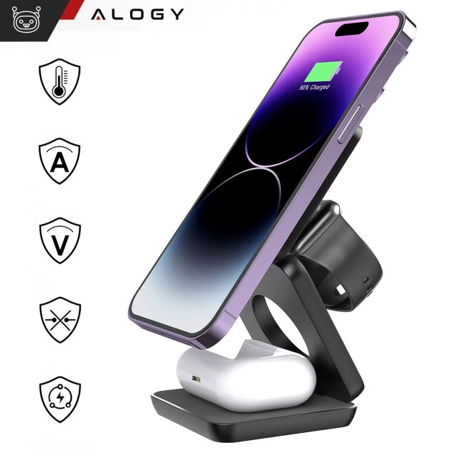 Бездротовий зарядний пристрій MagSafe QI 3-в-1 для Apple iPhone, Airpods, Watch, Alogy QI, чорний