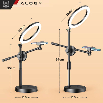 Prstencová LED kruhová lampa 10" 2x držiak na telefón stojaci statív na stole s nastaviteľným rámom Alogy Black