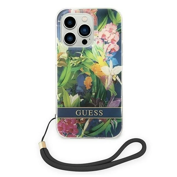 "Etui Guess GUOHCP14XHFLSB iPhone 14 Pro Max 6,7" niebieski/modré pevné puzdro Flower Strap"