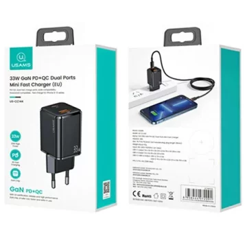 Настінний зарядний пристрій USAMS 1xUSB-C 1xUSB T43 33W PD3.0 QC3.0 кабель U63 USB-C до блискавичного чорного/чорного USKTZ01