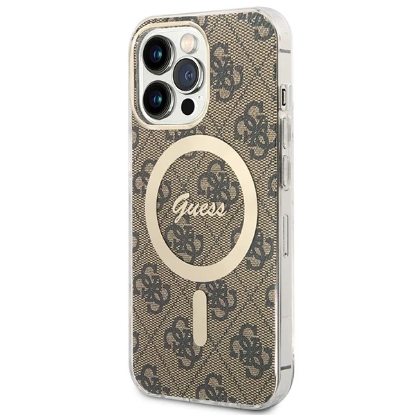 Nabíječka pouzdra Zestaw Guess GUBPP13LH4EACSW iPhone 13 Pro brązowy/hnědé pevné pouzdro 4G MagSafe Print