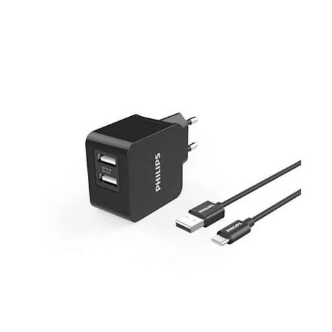 Мережевий зарядний пристрій 3A 15,5 Вт чорний Кабель Philips Type-C USB-C 3100mA 2xUSB Dual Quick Charge phil-dlp2307a/12