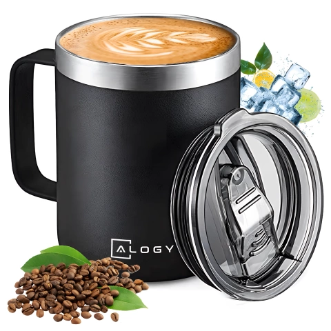 Thermobecher 420 ml mit Henkel und Deckel für Kaffee, Tee, Stahl, Kalt- und Heißgetränke, Alogy Black