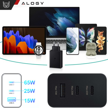 Rýchla 65W nástenná nabíjačka 2x USB-C typ C PD USB-A USB Alogy 3 porty silná čierna