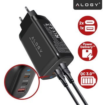 Alogy GaNCarge Kompaktní nástěnná nabíječka 3v1 rychlé nabíjení GaN3 65W USB-A 30W 2x USB-C 65W černá