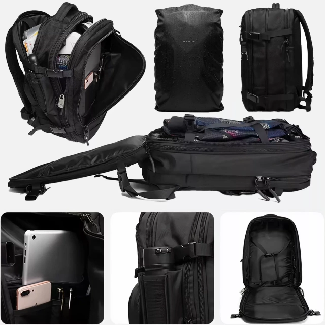 Bange Wasserdichter Rucksack für 15,6-Zoll-Laptop, Stadtreisender, erweiterbar auf 55 x 35 x 21–27 cm, für Flugzeug, Herren, Damen, Vorhängeschloss, Kompass, Flaschenclip, Schwarz