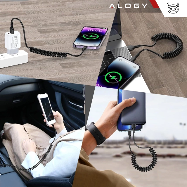 Alogy špirálový nabíjací kábel do auta pre iPone 3A 150 cm USB A-Lightning čierny