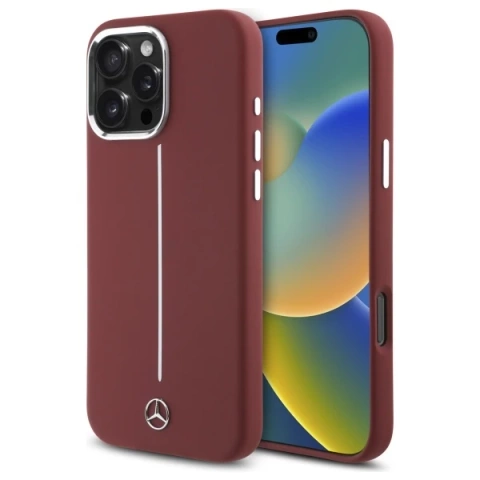 Puzdro Mercedes pre iPhone 16 Pro Max 6,9" červené pevné silikónové puzdro s bielym pruhom MagSafe