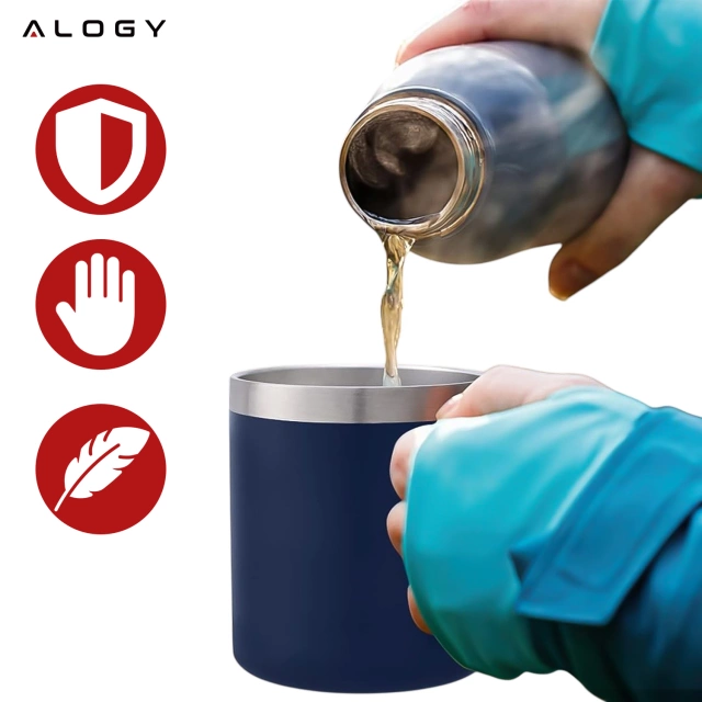 Thermobecher 420 ml mit Griffdeckel für Kaffee, Tee, kalte und warme Getränke aus Stahl, Alogy, Marineblau