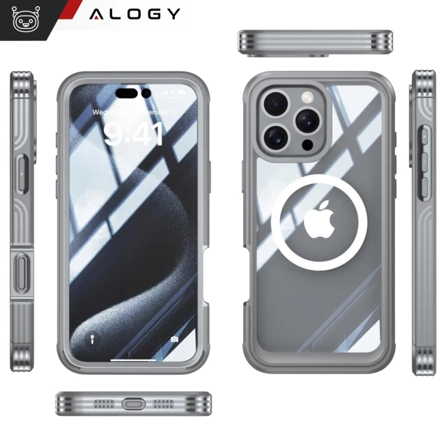 Ochranný kryt na telefón pre Apple iPhone 16 Pro Max Alogy Shield360 MagCase™️ pre MagSafe s ochranou displeja a fotoaparátu, titánovo sivý