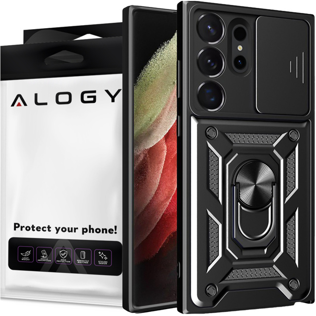 Hülle für Samsung Galaxy S24 Ultra gepanzertes Slide Case Ringgehäuse Kameraschutz Camshield Alogy schwarz