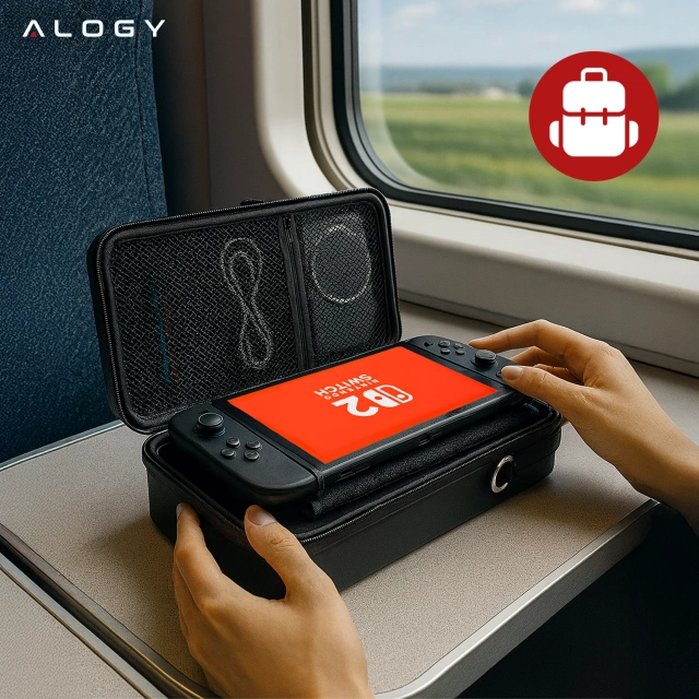 Nintendo Switch 2 2025 Schutzhülle, große Hartschalen-EVA-Hülle, wasserdicht, leicht, mit Tragegriffen, Alogy HardFoamBag™ - Schwarz, 2x gehärtetes Glas