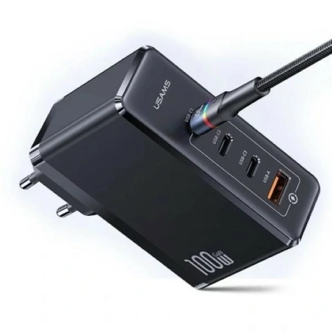 USAMS Nástenná nabíjačka 3xUSB-C 1xUSB GaN 100W T50 PD (iba hlava) Rýchle nabíjanie čierna/čierna CC163TC01 (US-CC163)