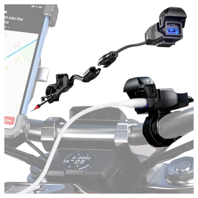 Nabíjačka na motocykel Kewig USB-C 36W, rýchle nabíjanie QC, vodotesná IP65 s vypínačom a LED podsvietením, upevnenie na riadidlá, pre telefón, kameru, interkom – čierna