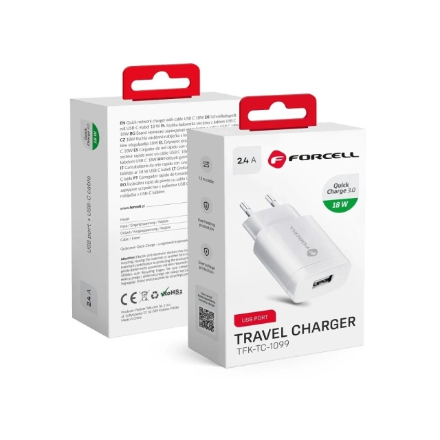 Forcell QC 3.0 18W USB Wall Charger White Fast Charging