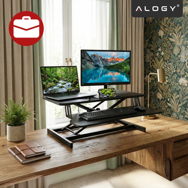 Biurko podstawka do pracy stojącej na biurko z podnoszeniem pneumatycznym 60×80 cm – regulacja wysokości 11–51 cm, dwupoziomowe, składane, idealne do Home Office – Alogy LiftDesk™ Czarne