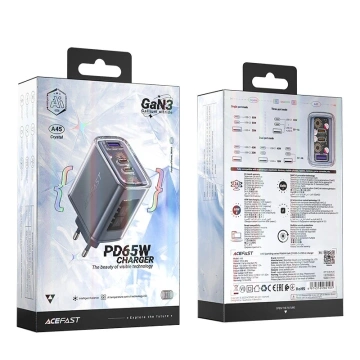 Ładowarka sieciowa Acefast A45 GaN 65W 3 porty USB (1xUSB, 2xUSB-C) szara