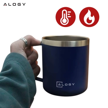 Thermobecher 420 ml mit Griffdeckel für Kaffee, Tee, kalte und warme Getränke aus Stahl, Alogy, Marineblau