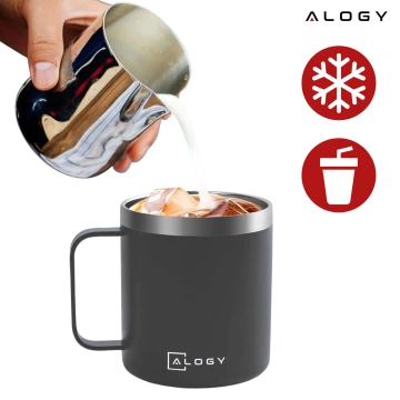Termohrnček 420 ml s uškom a vrchnákom na kávu, čaj, oceľ, studené a teplé nápoje Alogy Grey