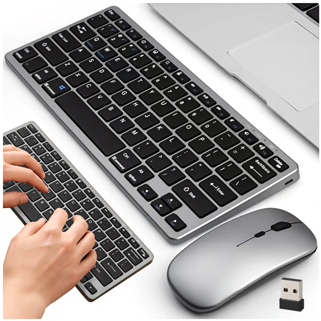 Zestaw bezprzewodowy klawiatura + mysz – Bluetooth i USB 2.4 GHz, cicha praca, smukły i ergonomiczny design, Plug & Play, do biura i Home Office – Alogy KeyMouse™