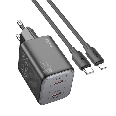 Настінний зарядний пристрій HOCO 2 x Type C кабель Type C до Lightning PD QC 45W GaN Black