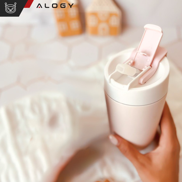 Thermos mug with a spout and a straw for coffee, yerba mate tea, 480ml, Alogy vacuum bottle, Steel, Pink, Washing brush