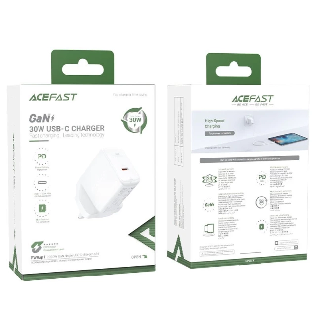 Acefast wall charger GaN (UK plug) USB Type C 30W, Power Delivery, PPS, Q3 3.0, AFC, FCP white (A24 UK white)