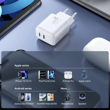 Мережевий зарядний пристрій Joyroom 2x USB-C 20W PD / QC 3.0 - білий