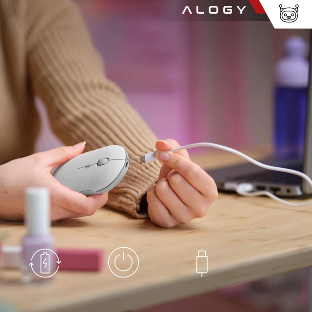 Bezdrátová myš Alogy, malá ergonomická myš k notebooku PC, bluetooth 2.4GHz, tichá, bílá