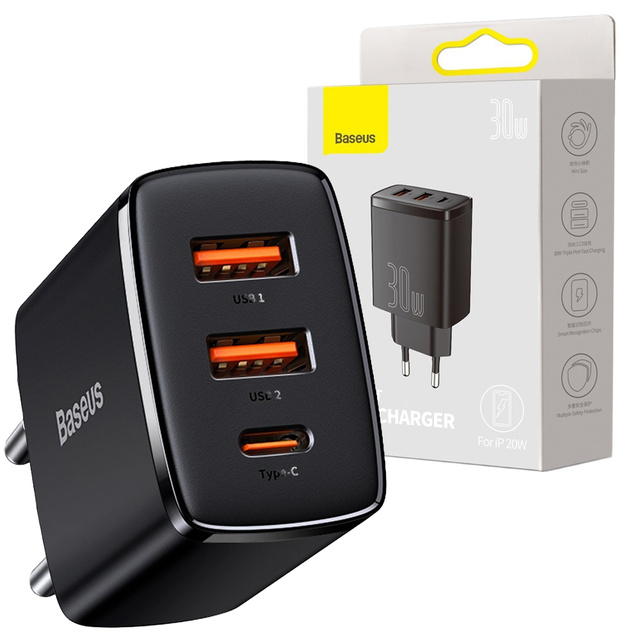 Baseus Kompaktes Schnellladegerät 2xUSB USB-C PD QC 3.0 3A 30W Schwarz