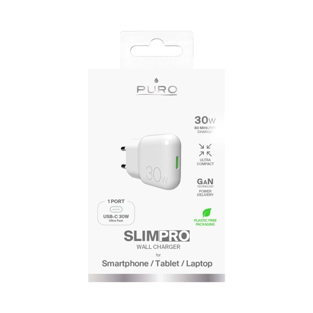 GaN Puro SLIMPRO 30W USB-C PD Wall Charger White Compact