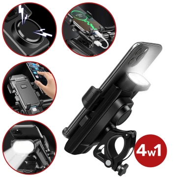Držiak telefónu na bicykel 4v1 LED svetlo T6 predný zvonček na bicykel Powerbanka 3000mAh čierna