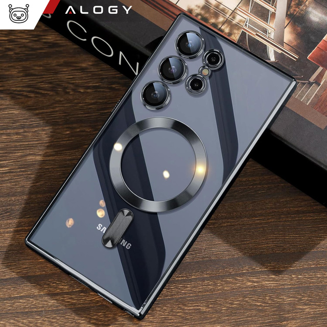 Puzdro pre Samsung Galaxy S24 Ultra Mag Safe Glamour Puzdro prstencový kryt Ochrana fotoaparátu Alogy Black Transparent