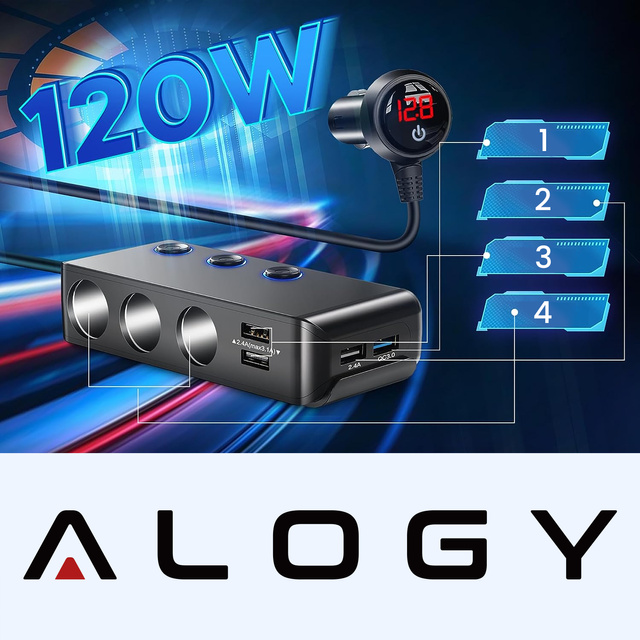 Cigarette lighter socket splitter x3 car 4x USB QC 12-24V Charger Adapter switch 120W Alogy Black