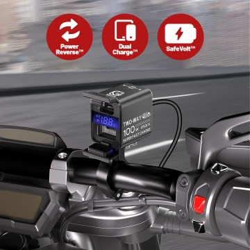 Nabíječka na motocykl Kewig, univerzální hliníková 100W, obousměrná s voltmetrem, rychlé nabíjení USB-A a USB-C, chytrá a vodotěsná - černá