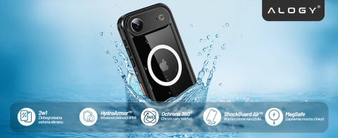 Puzdro Alogy HydroArmor™ IP68 pre Apple iPhone 17 Air 6,6", 360° pancierové puzdro s priehľadnou zadnou stranou, kompatibilné s MagSafe, čierne